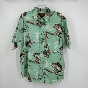 North River Mens Shirt Sz L Bass Fishing Button Up Lake Life Outdoors Camp Print